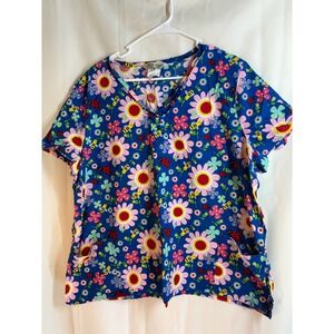 Comfy Cotton 3XL Blue Floral Ladybug Bee Scrub Top Women's V Neck Short Sleeve